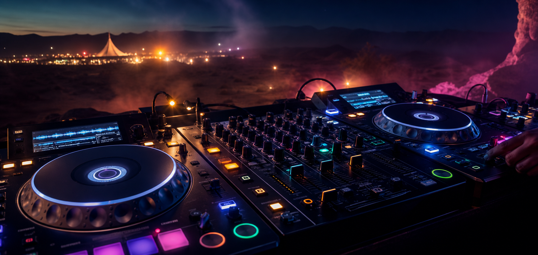 Fictional DJ set represented by illuminated decks, with no artist shown