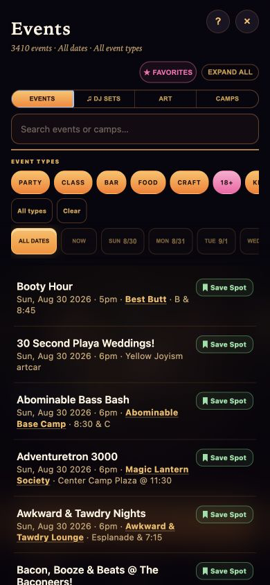 The current Events list with Favorites, category tabs, search, event-type filters, compact date buttons and saved reading positions