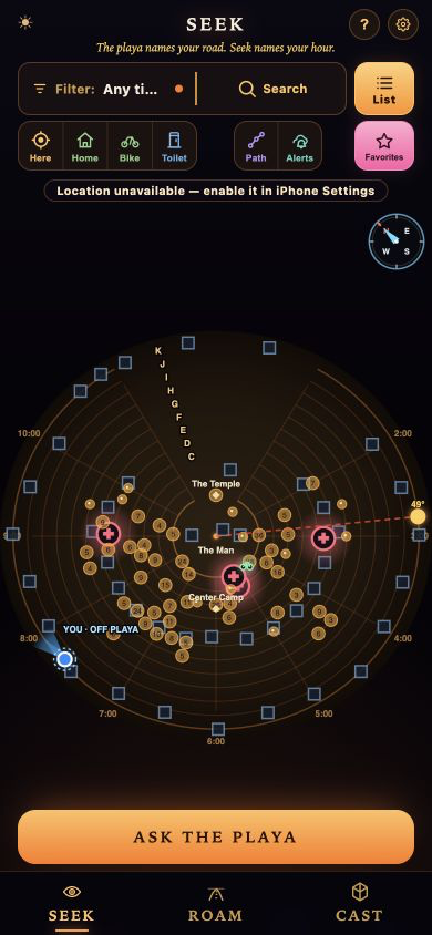 Seek — the current Black Rock City map with distinct markers for events, art, services, toilets, home and bike locations